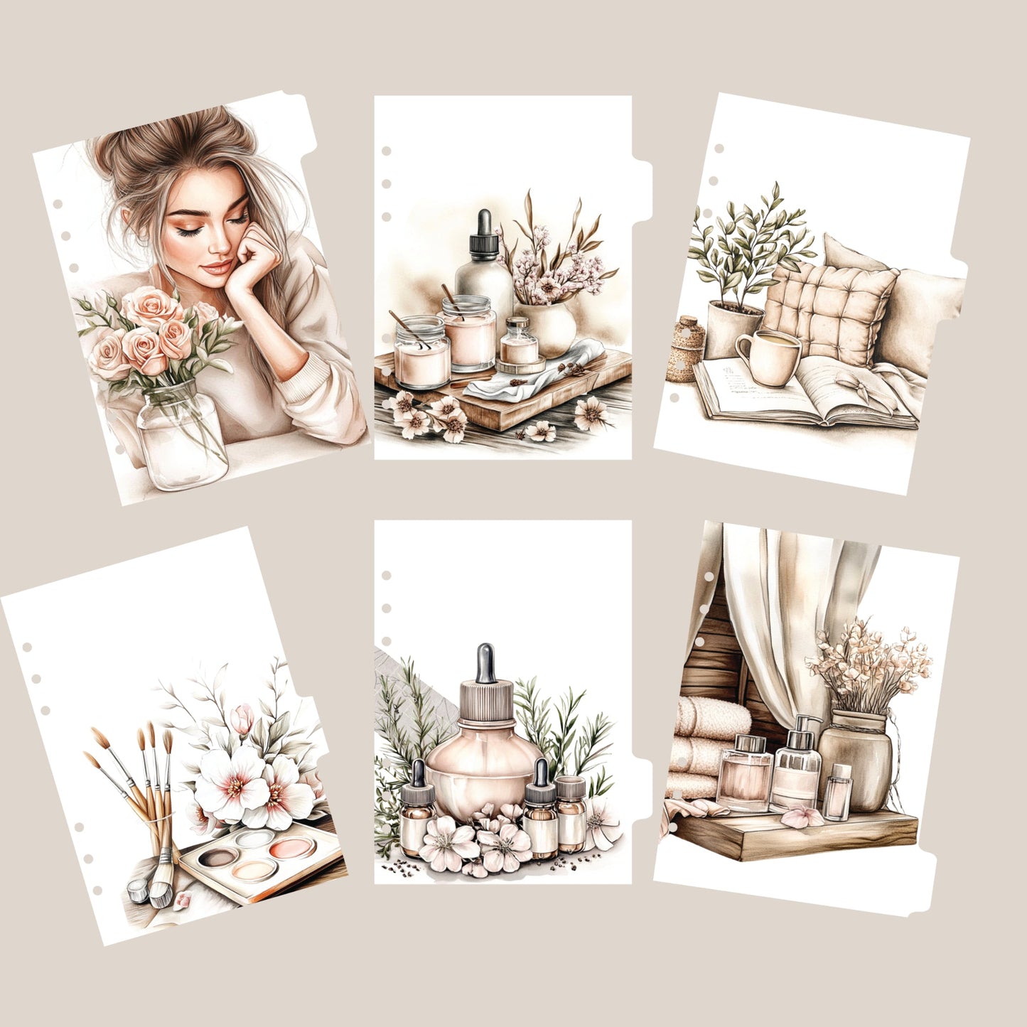 A set of six planner dashboards with different designs, including images of a woman, flowers, and various household items like books and a bottle.