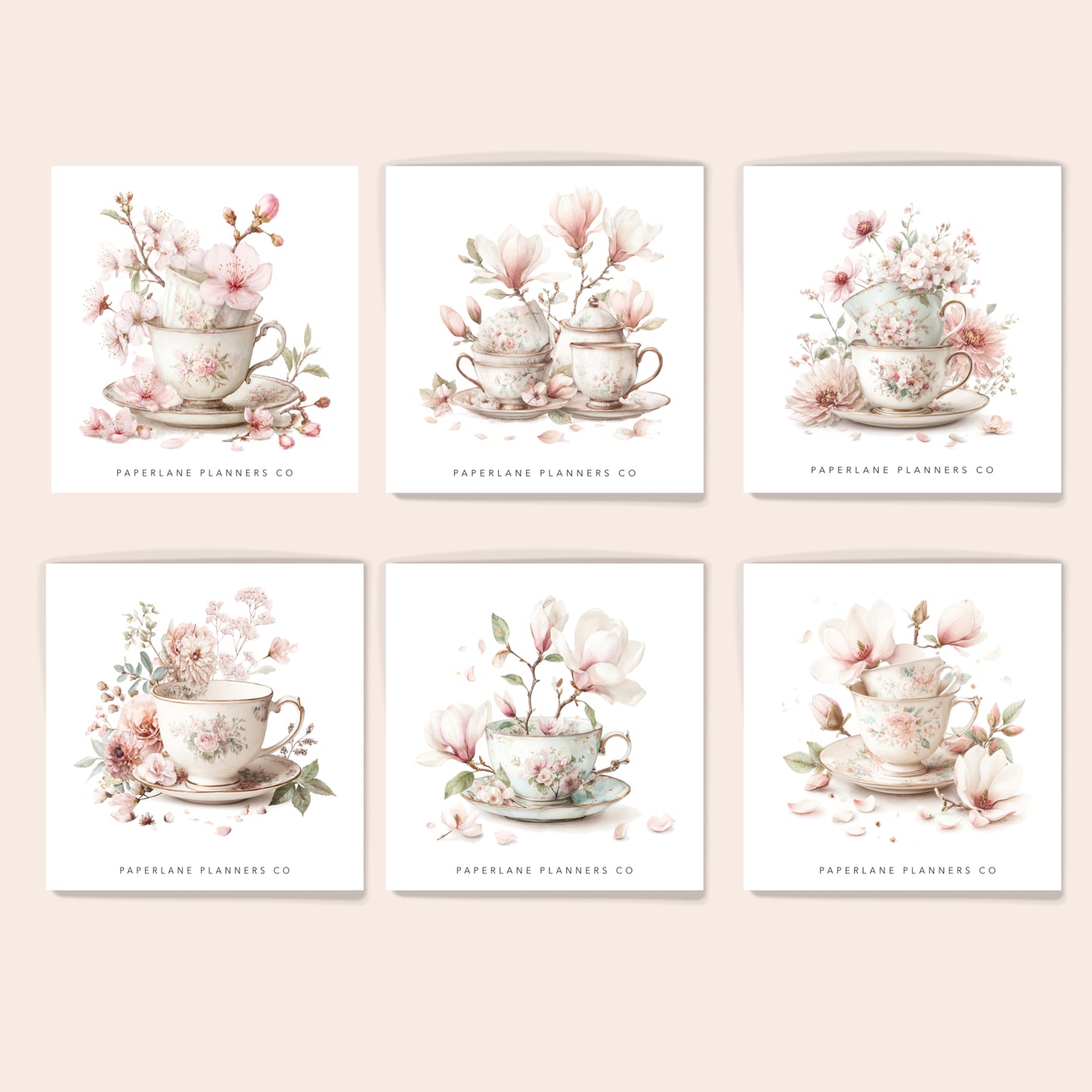 Set of six large vintage teacup stickers - Paperlane Planners Co