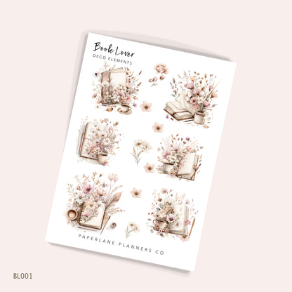 Sheet of decorative planner stickers featuring books and flowers with 'Paperlane Planners Co' branding 