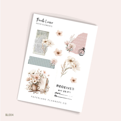 Sheet of decorative planner stickers with floral and vintage planner details 