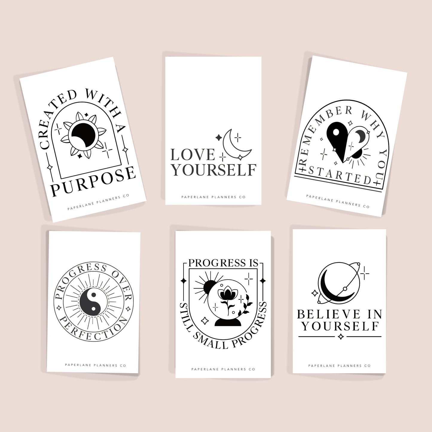 Set of six motivational planner  pocket cards with black text and symbols on a beige background - Paperlane Planners Co