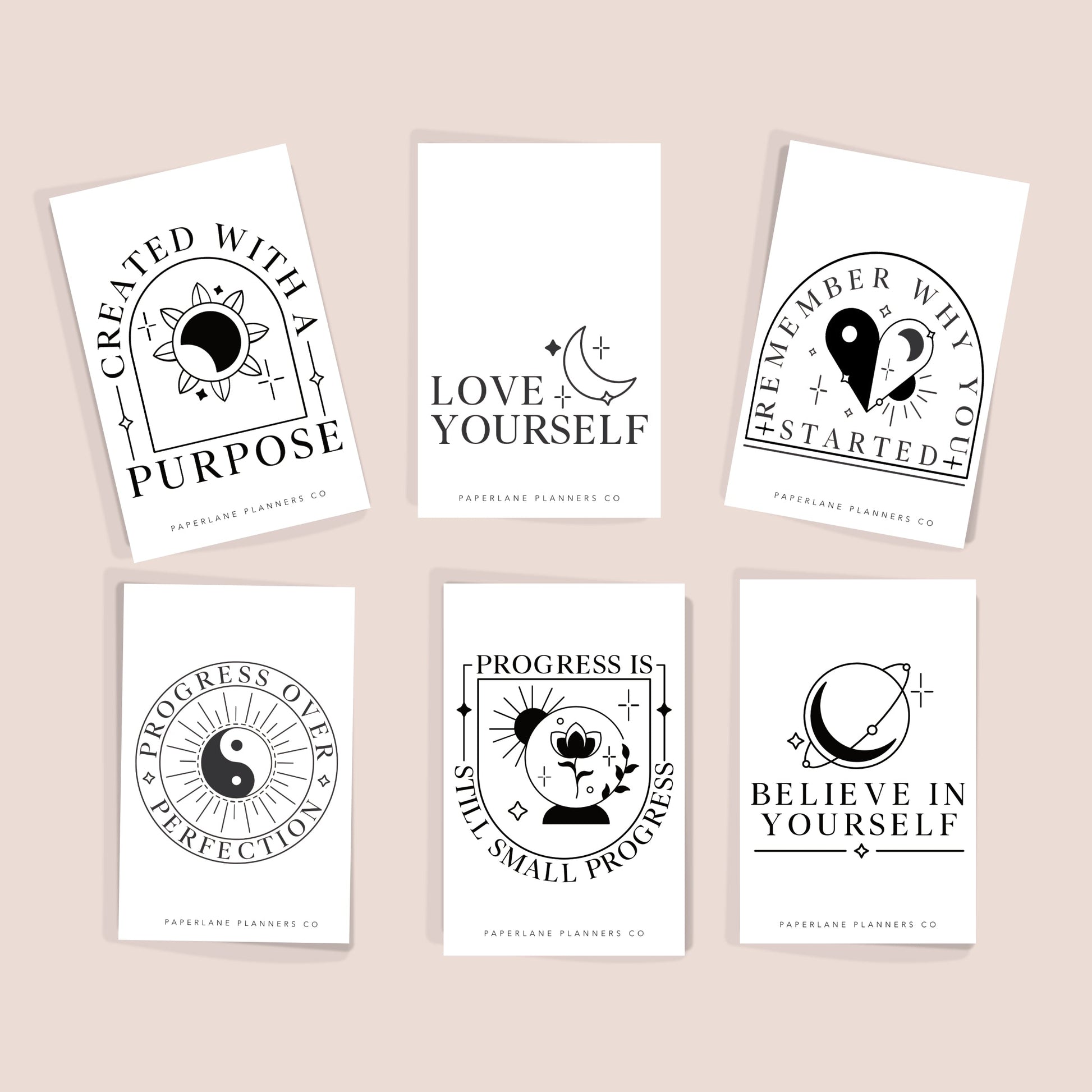 Set of six motivational planner  pocket cards with black text and symbols on a beige background - Paperlane Planners Co
