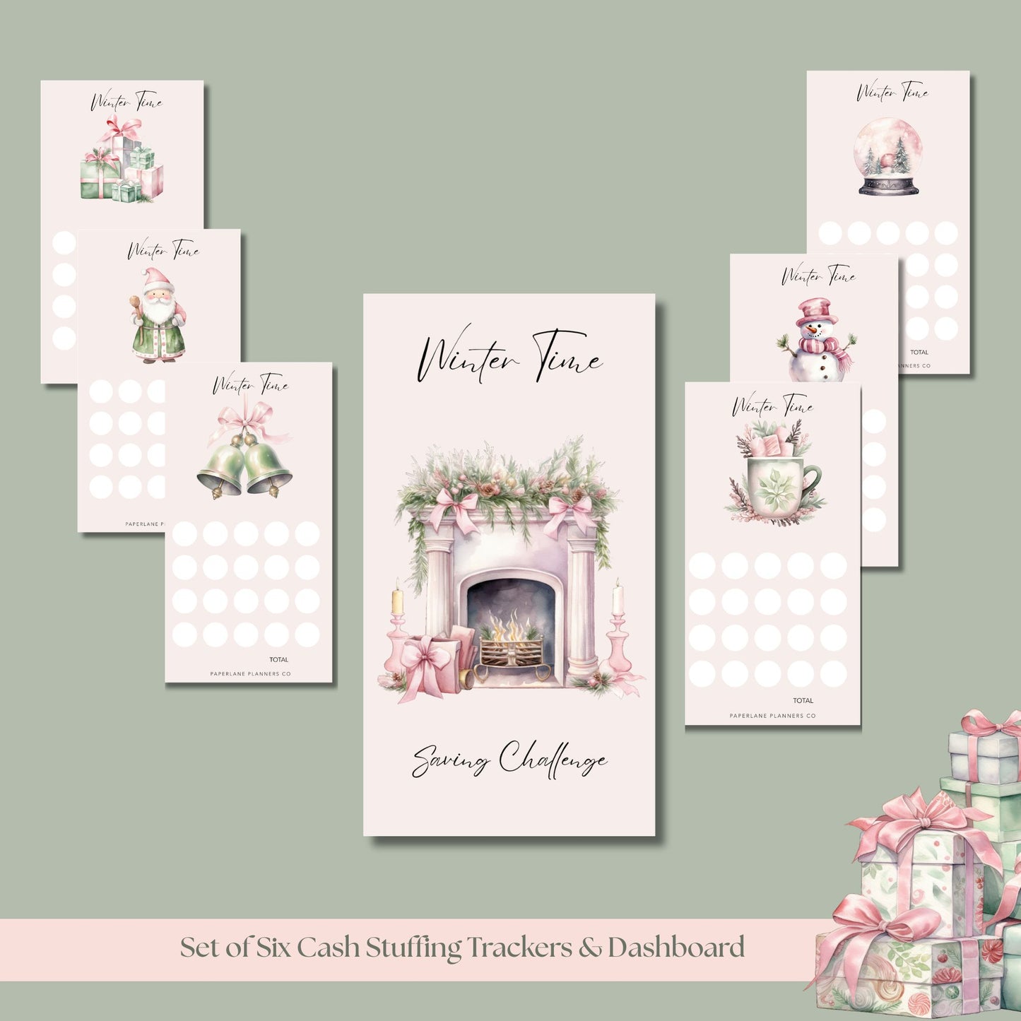 Set of six cash stuffing trackers and dashboard with Christmas winter-themed designs 