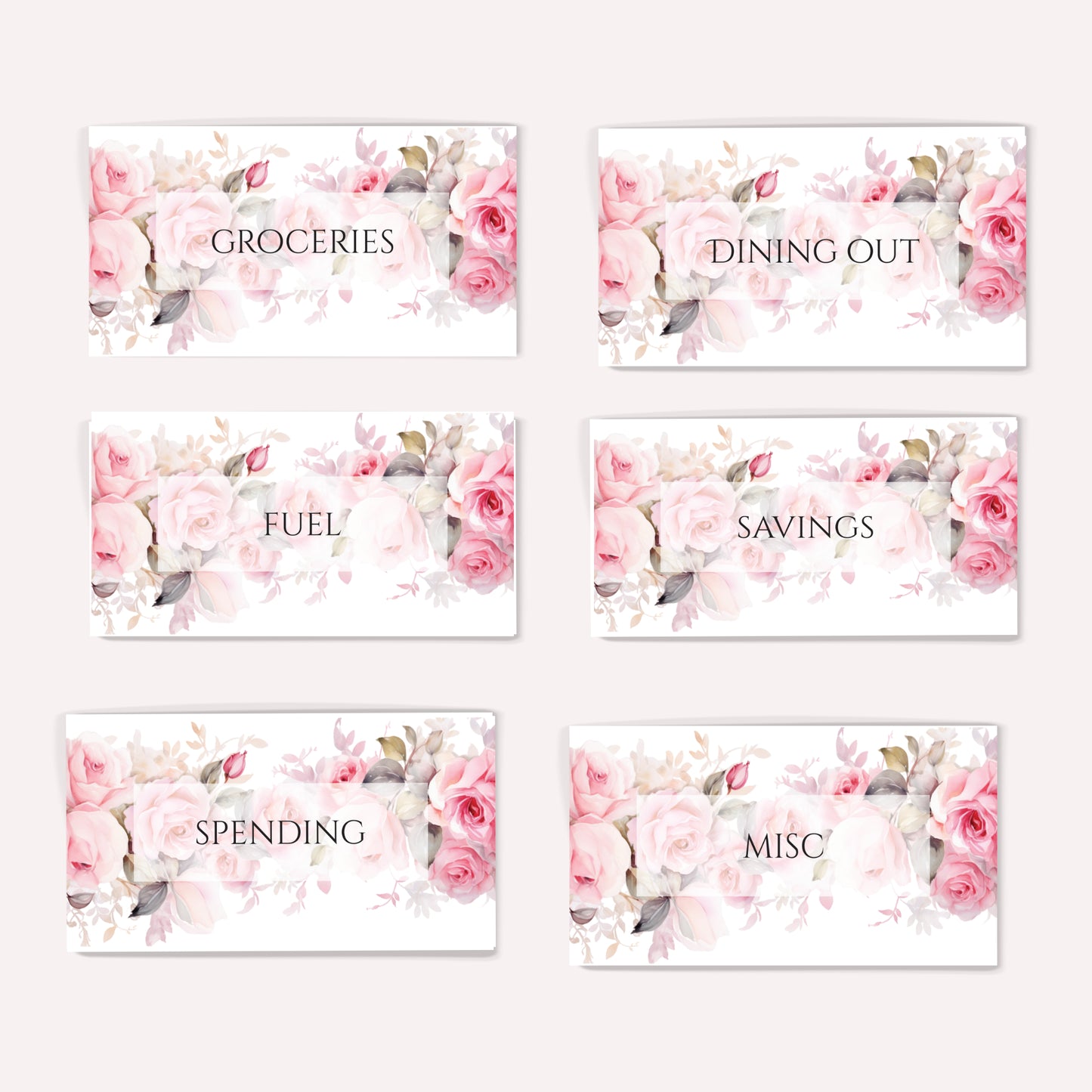 Set of six floral-themed cash saving envelope inserts