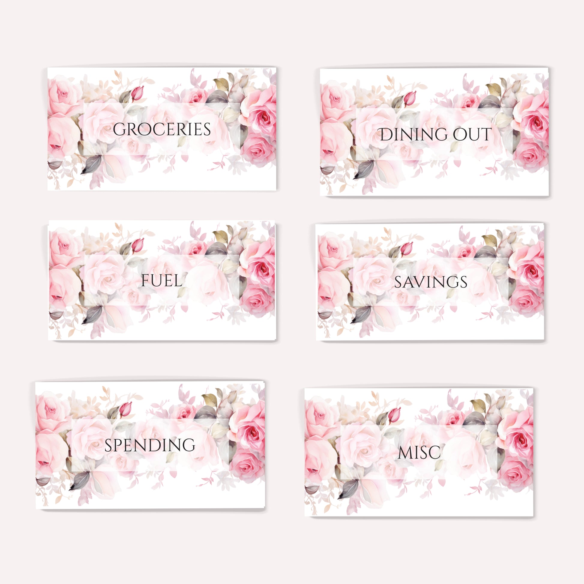Set of six floral-themed cash saving envelope inserts