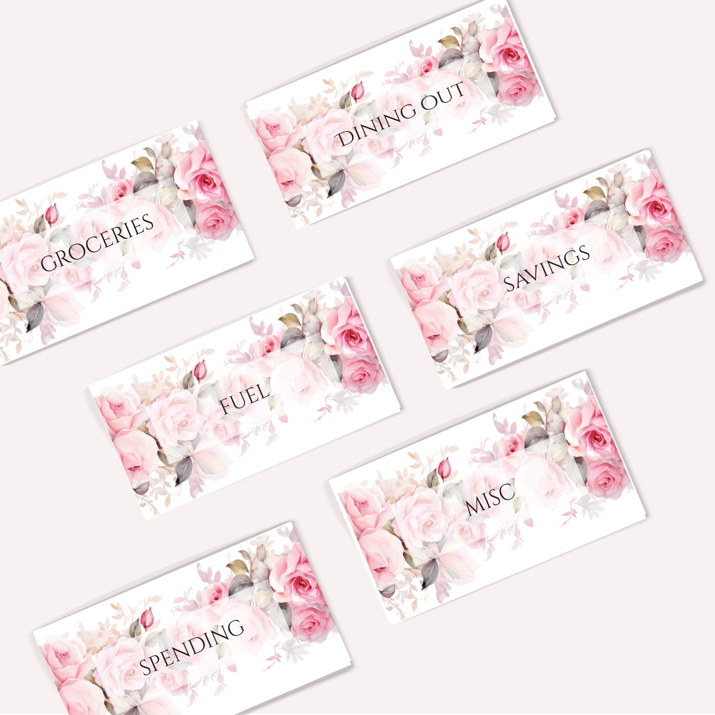 Set of six floral-themed cash saving envelope inserts
