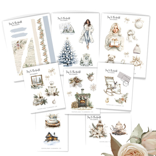Collection of decorative stickers with winter-themed illustrations 