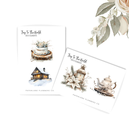 Set of Christmas-themed design elements with a cake, house, lantern, and teapot 
