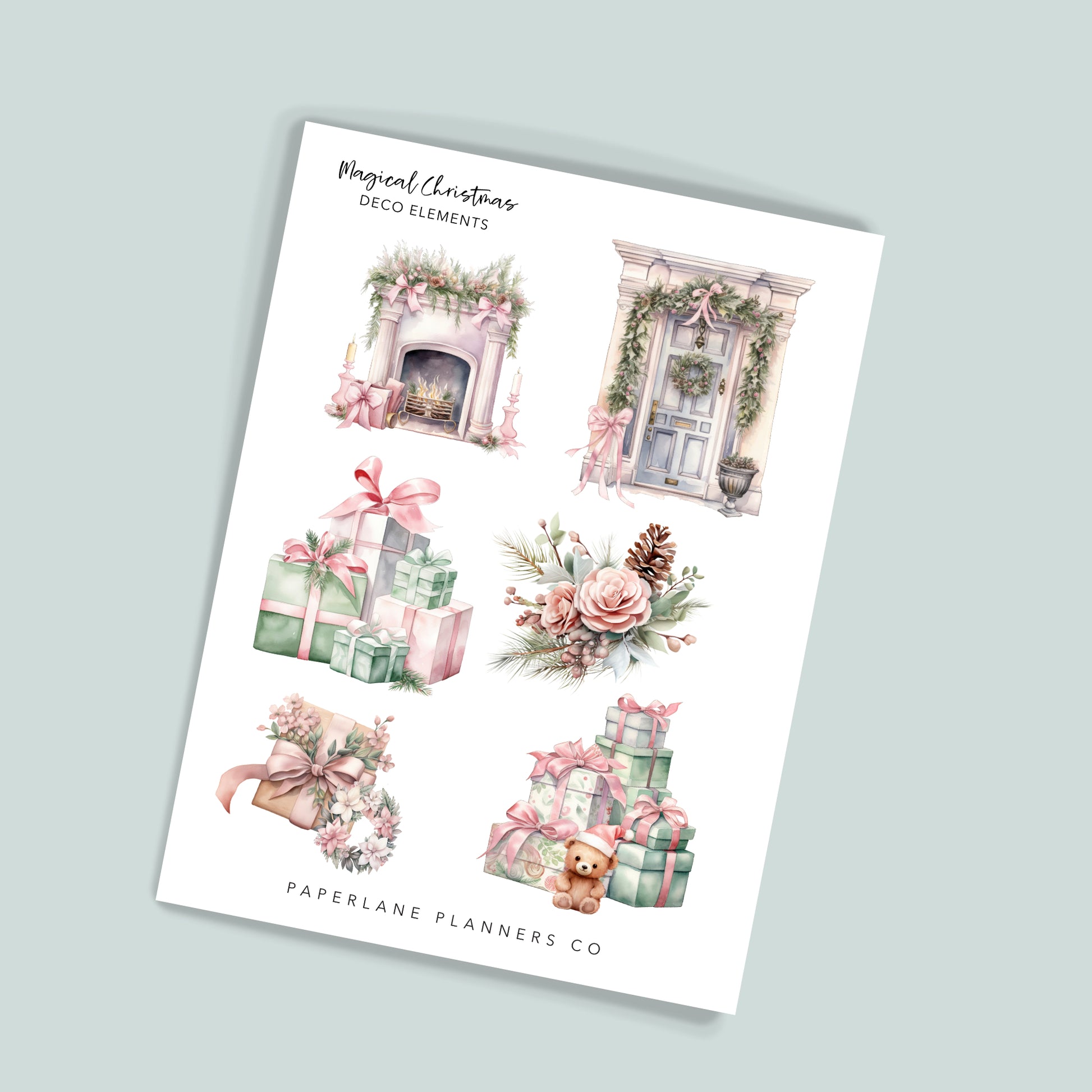 Sheet of decorative Christmas stickers with presents and florals - Festive Season - Paperlane Planners Co 