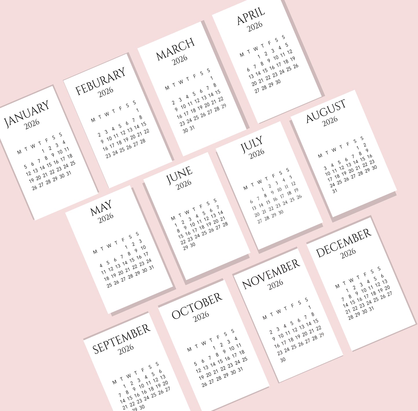 2026 MINIMAL MONTHLY CALENDAR PLANNER CARDS