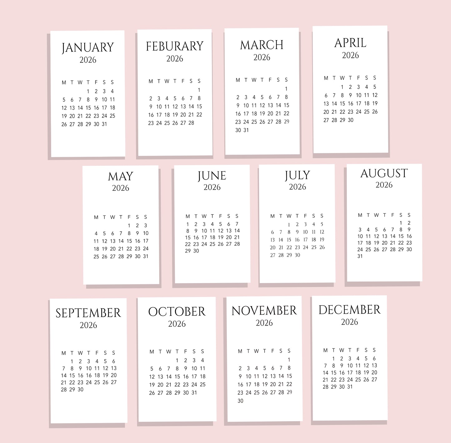 2026 MINIMAL MONTHLY CALENDAR PLANNER CARDS