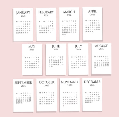 2026 MINIMAL MONTHLY CALENDAR PLANNER CARDS