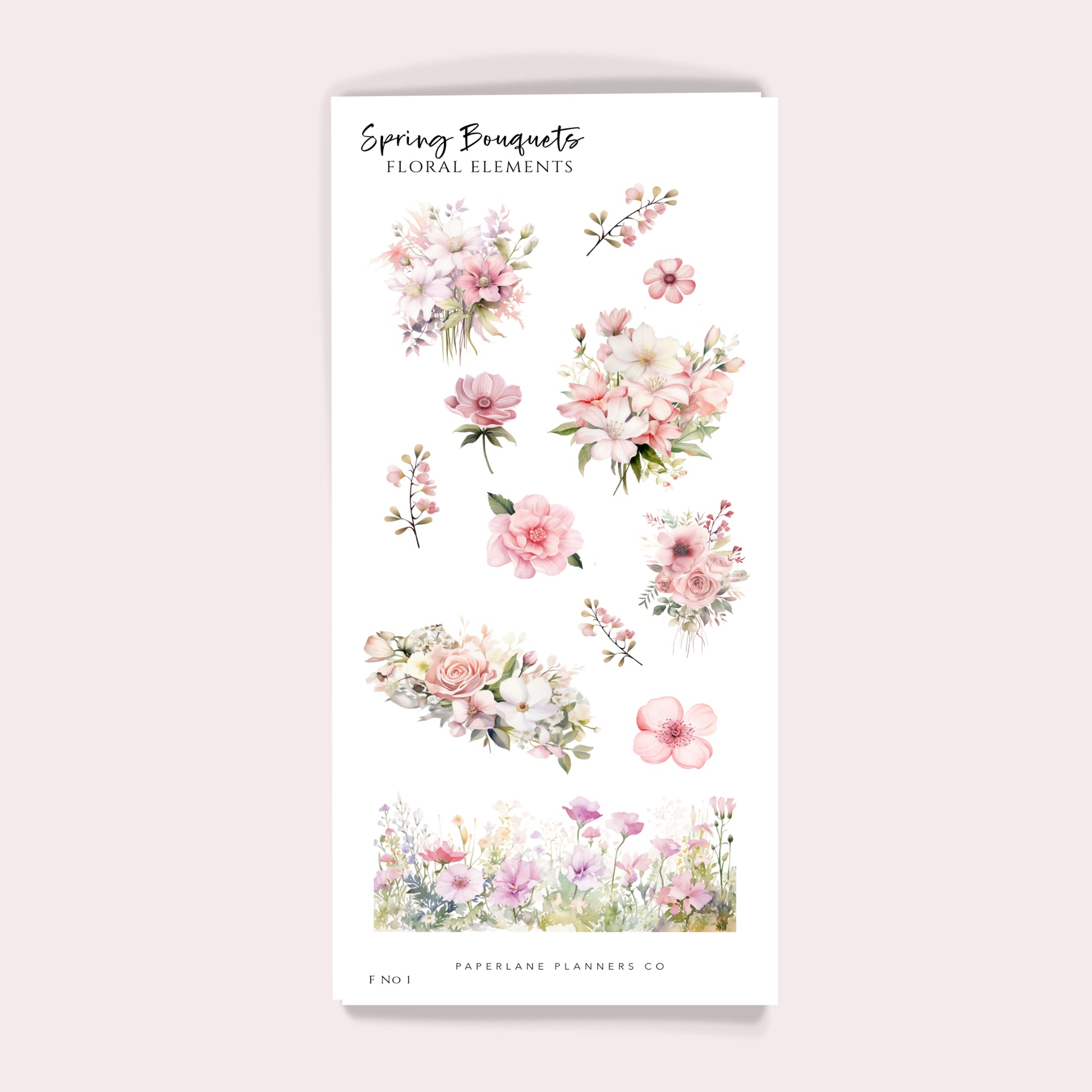 A sheet of floral deco stickers with various flower designs, labeled 'Spring Bouquet'.