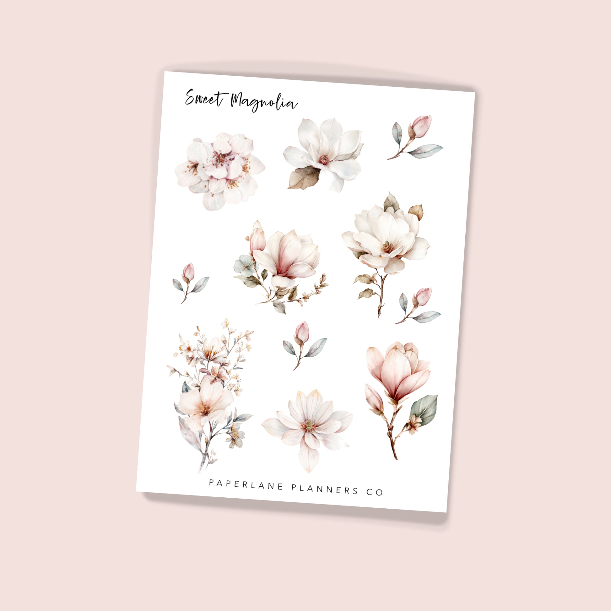 Floral planner stickers with 'Sweet Magnolia - Paperlane Planners Co