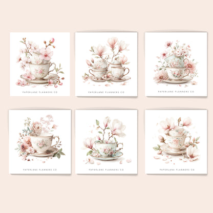 Set of six large vintage teacup stickers - Paperlane Planners Co