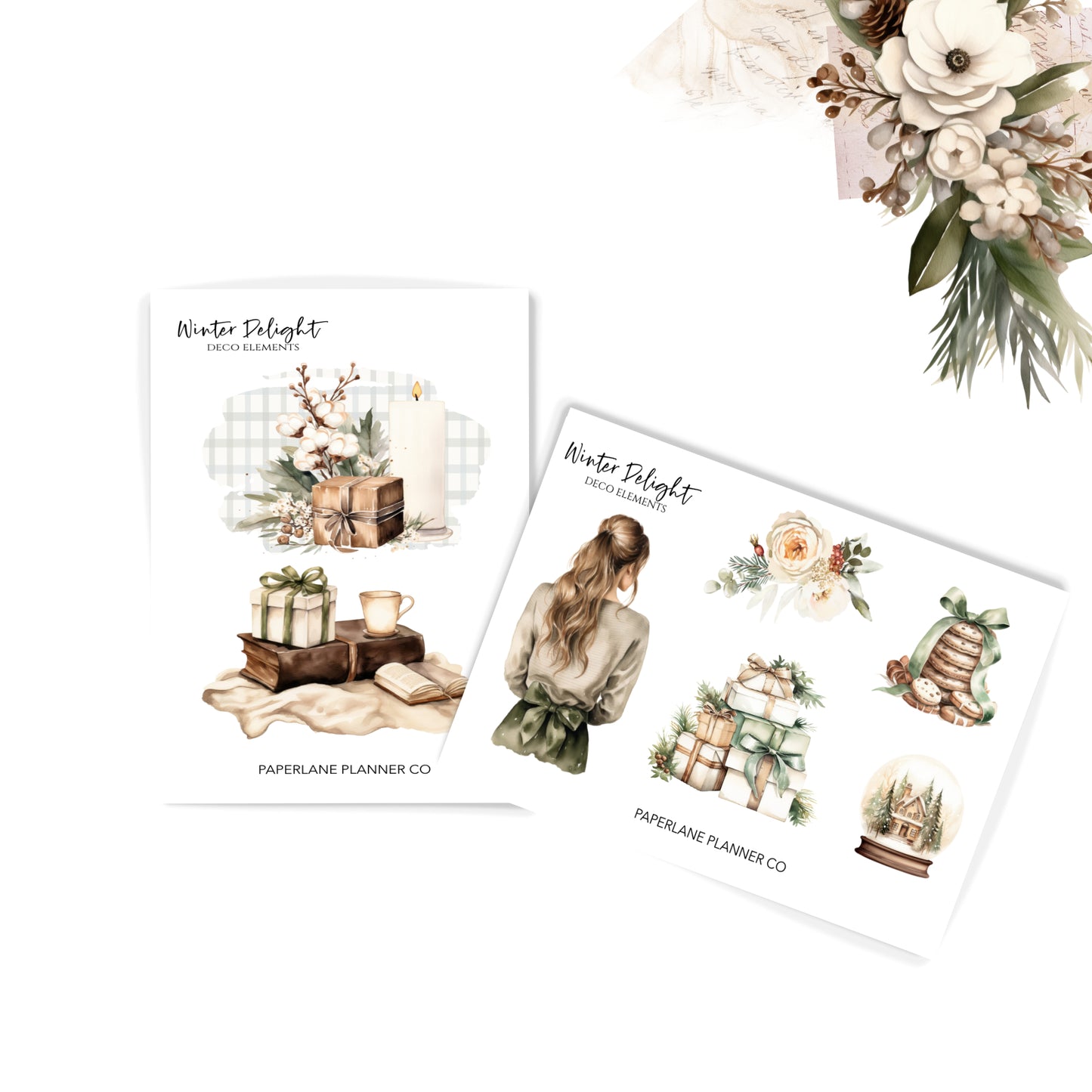 Set of two planner stickers sheets with winter-themed illustrations on a white background. Pperlane Planners Co
