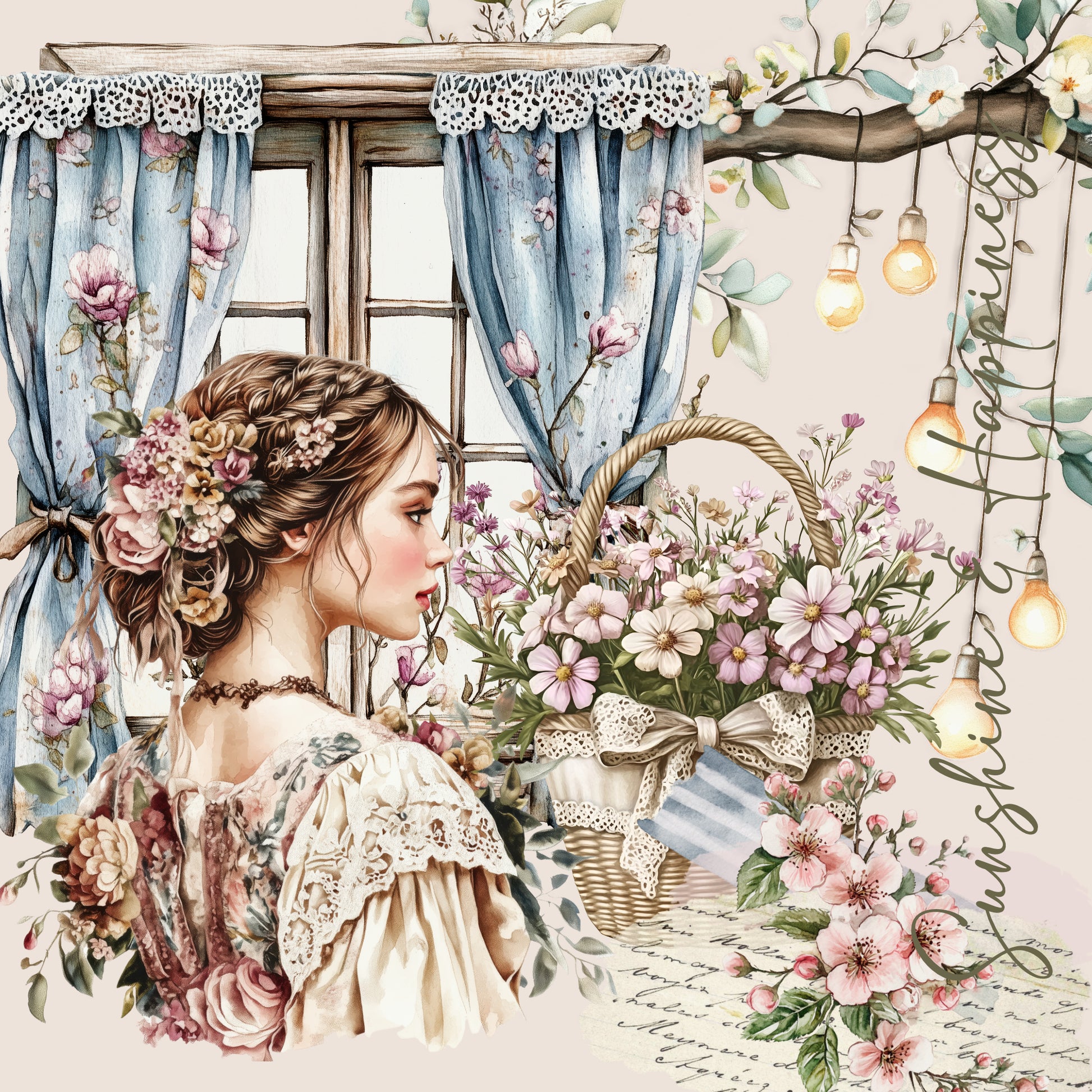 A sticker sheet with a floral and vintage styled illustration featuring a woman, a basket of flowers, and a room setting with floral patterns and a window. Paperlane Planners Co